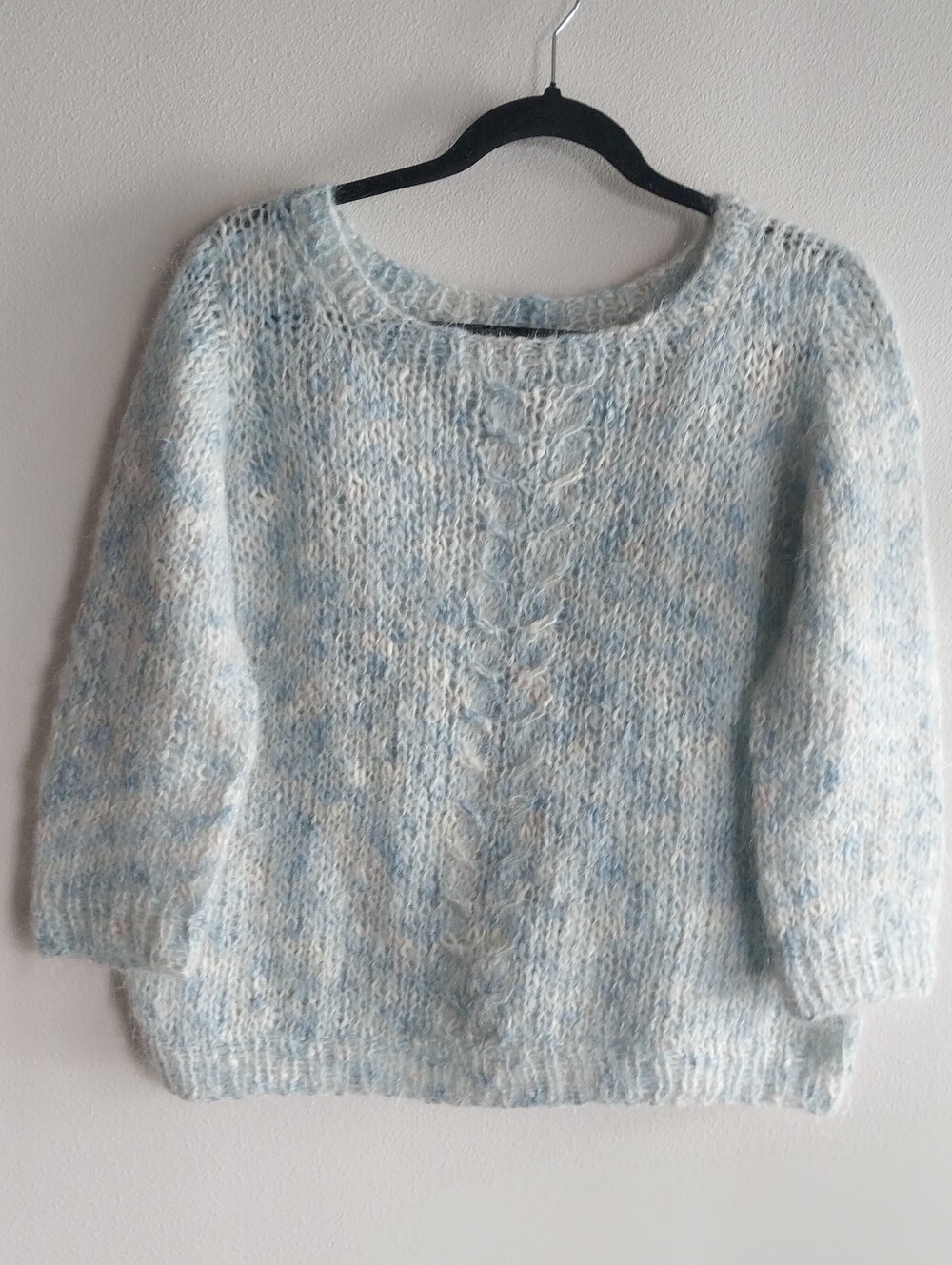 Unbranded Handmade Blue & White Mohair Open Crochet Knit 3/4 Sleeve Sweater